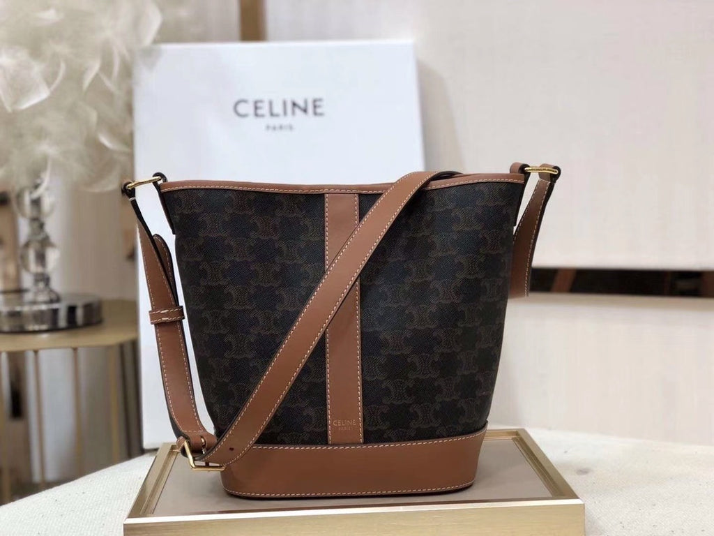 Celine Bucket Bag - Black Monogram Canvas & Tan Calfskin Leather