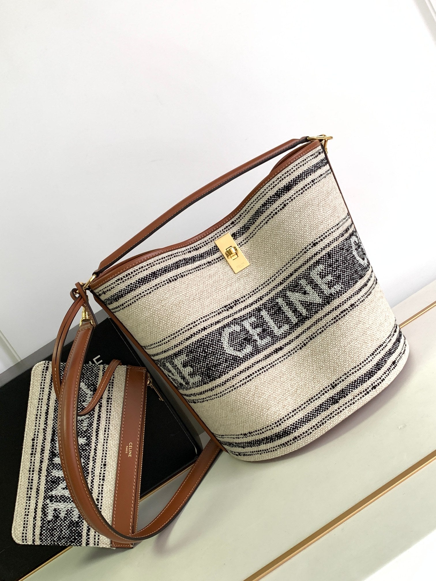 Celine Bucket Bag Set - Striped Canvas & Tan Leather with Pouch