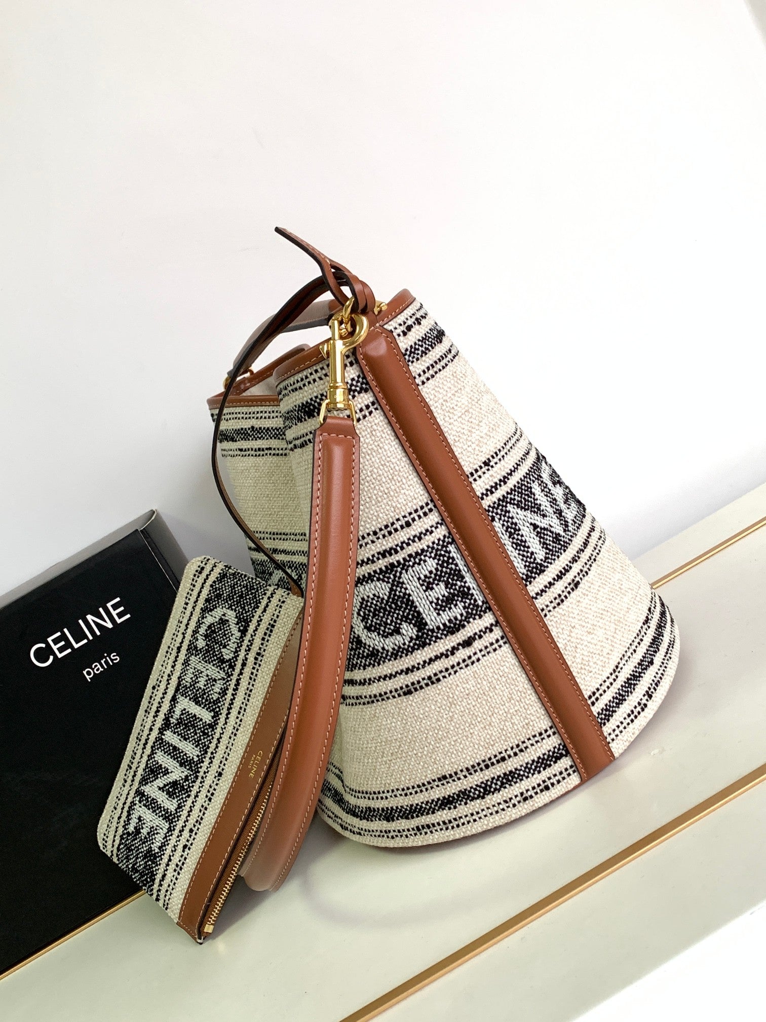 Celine Bucket Bag Set - Striped Canvas & Tan Leather with Pouch