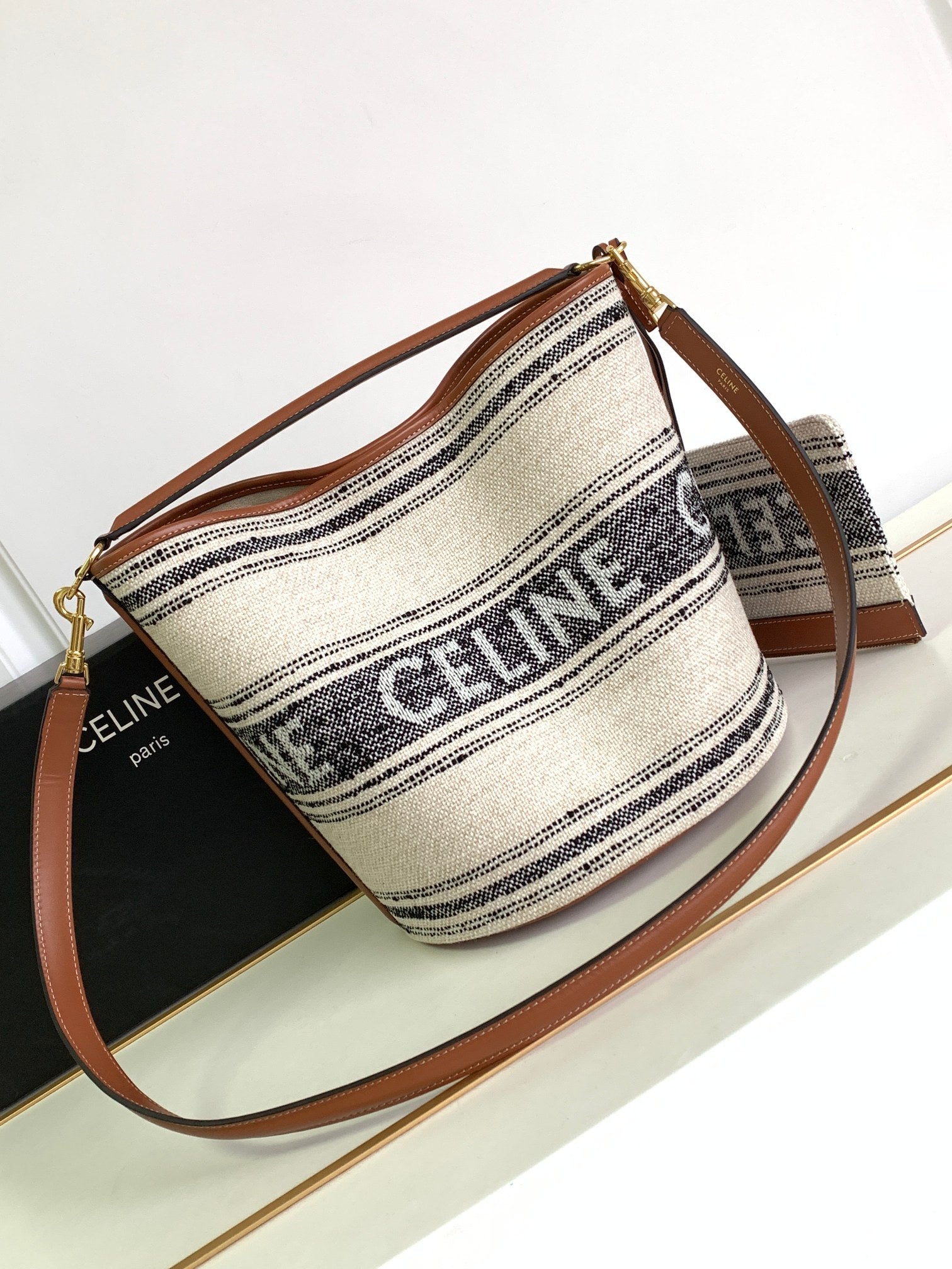Celine Bucket Bag Set - Striped Canvas & Tan Leather with Pouch