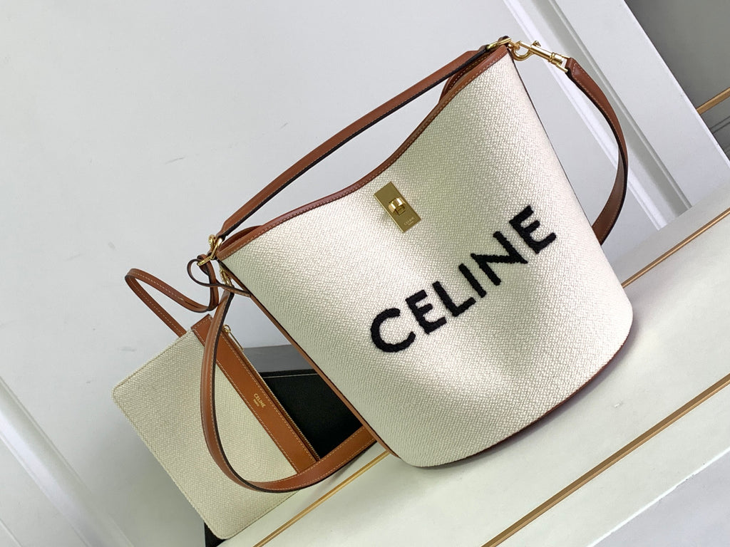 Celine Bucket Bag - Natural Canvas with Bold Logo & Tan Leather