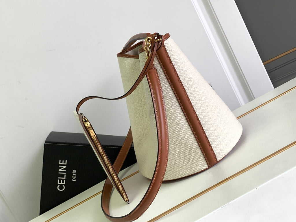 Celine Bucket Bag - Natural Canvas with Bold Logo & Tan Leather