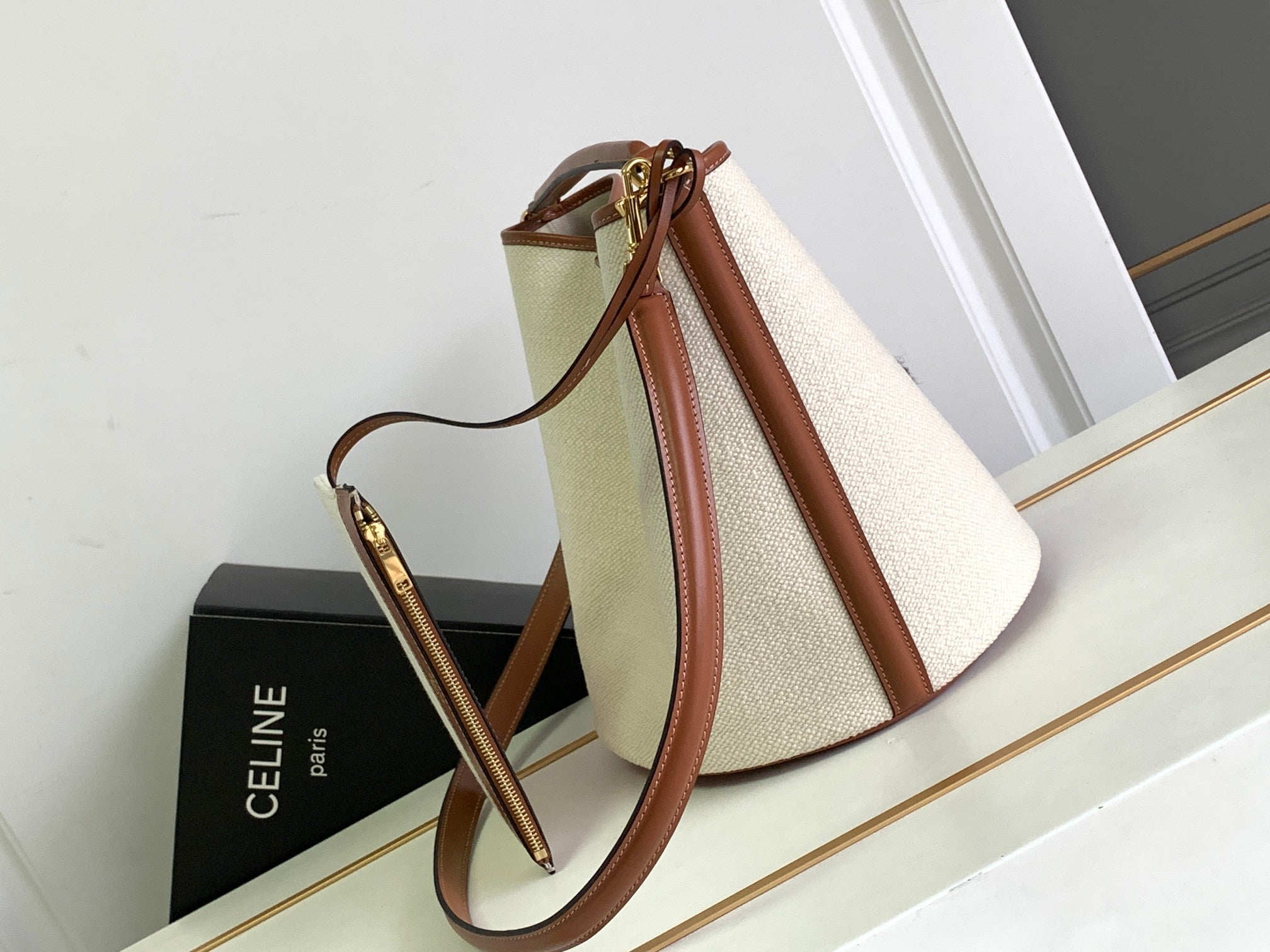 Celine Bucket Bag - Natural Canvas with Bold Logo & Tan Leather