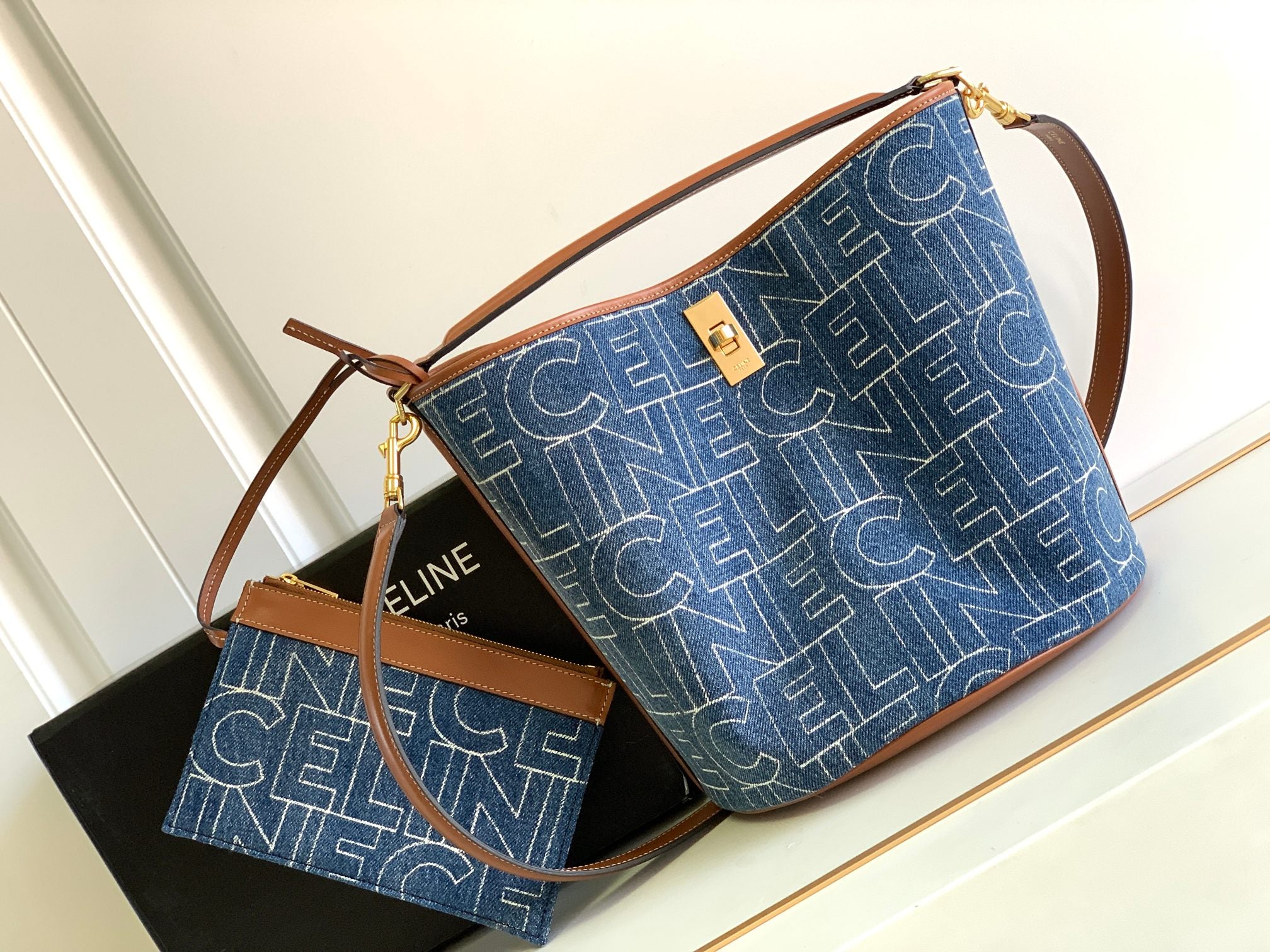 Celine Bucket Bag Set - Denim Logo Jacquard & Tan Leather with Pouch