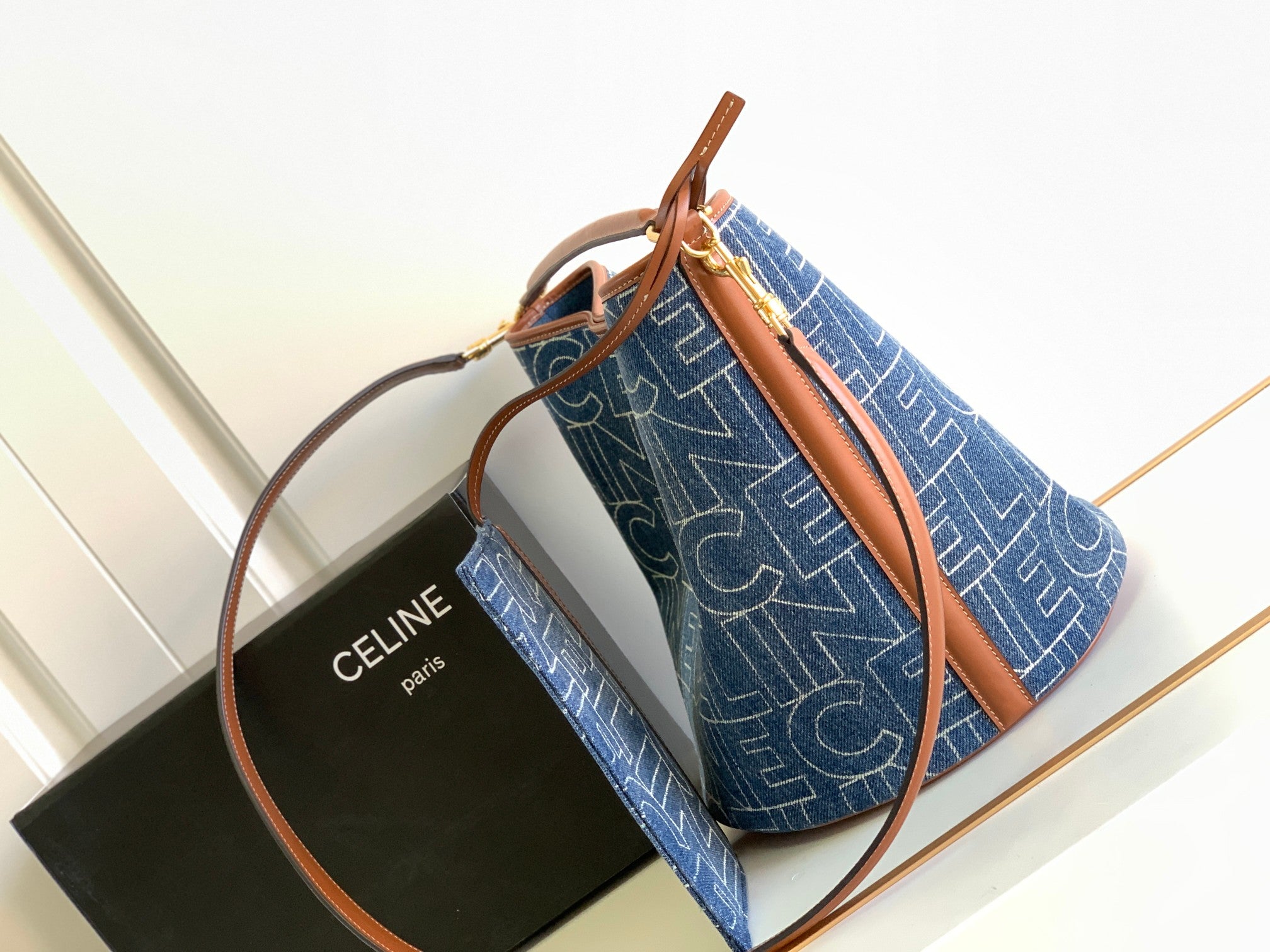 Celine Bucket Bag Set - Denim Logo Jacquard & Tan Leather with Pouch