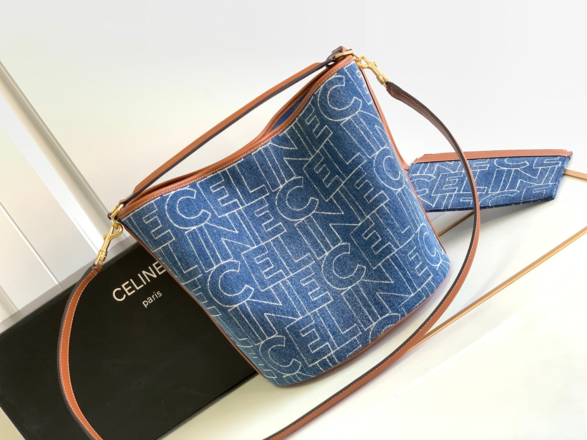 Celine Bucket Bag Set - Denim Logo Jacquard & Tan Leather with Pouch