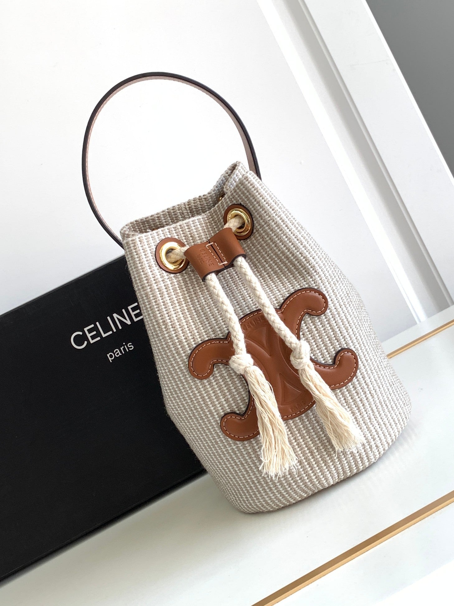 Celine Mini Bucket Bag - Natural Woven Texture & Tan Leather