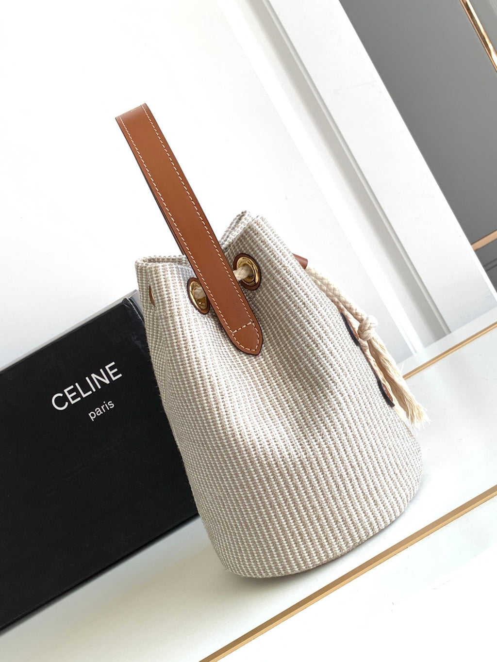 Celine Mini Bucket Bag - Natural Woven Texture & Tan Leather