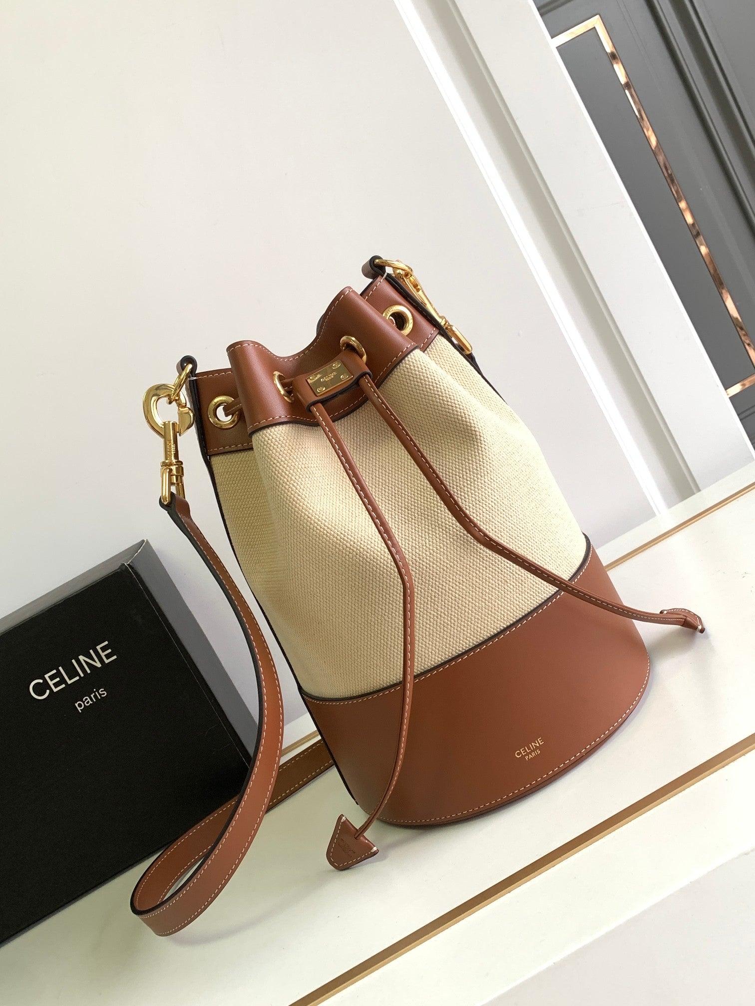 Celine Bucket Bag - Natural Canvas & Tan Calfskin Leather