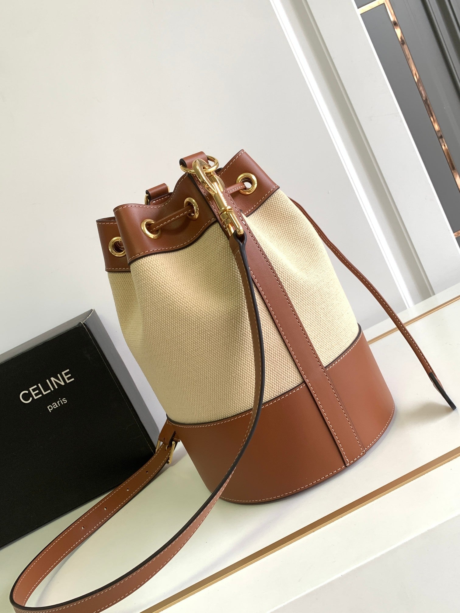 Celine Bucket Bag - Natural Canvas & Tan Calfskin Leather