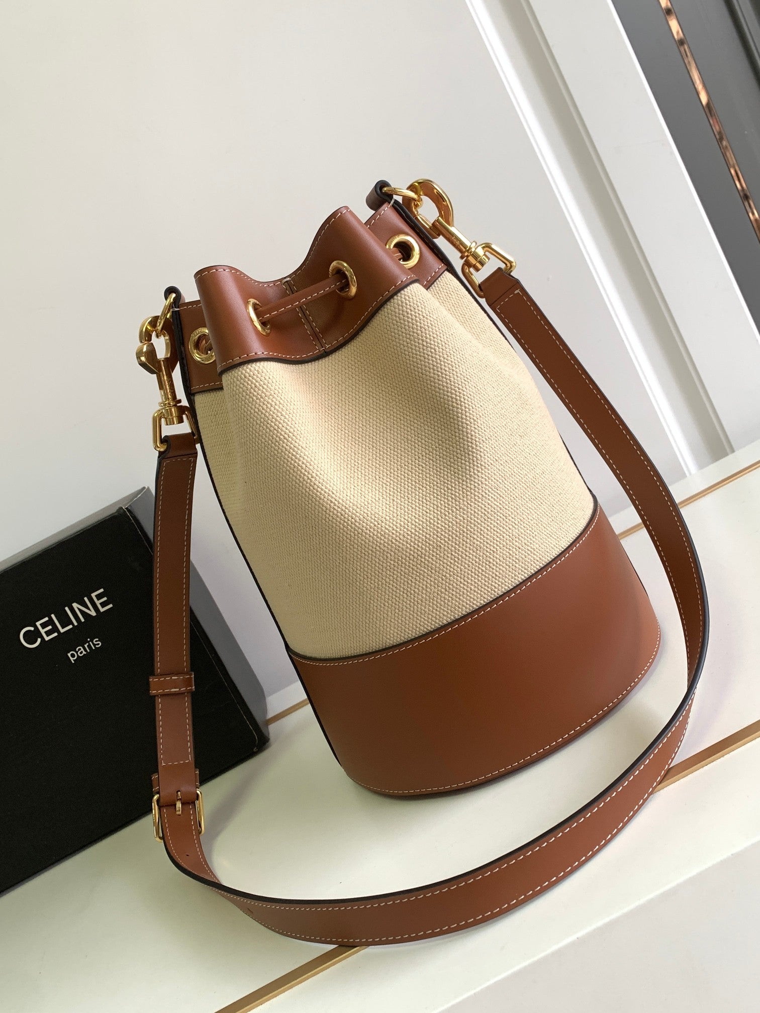 Celine Bucket Bag - Natural Canvas & Tan Calfskin Leather
