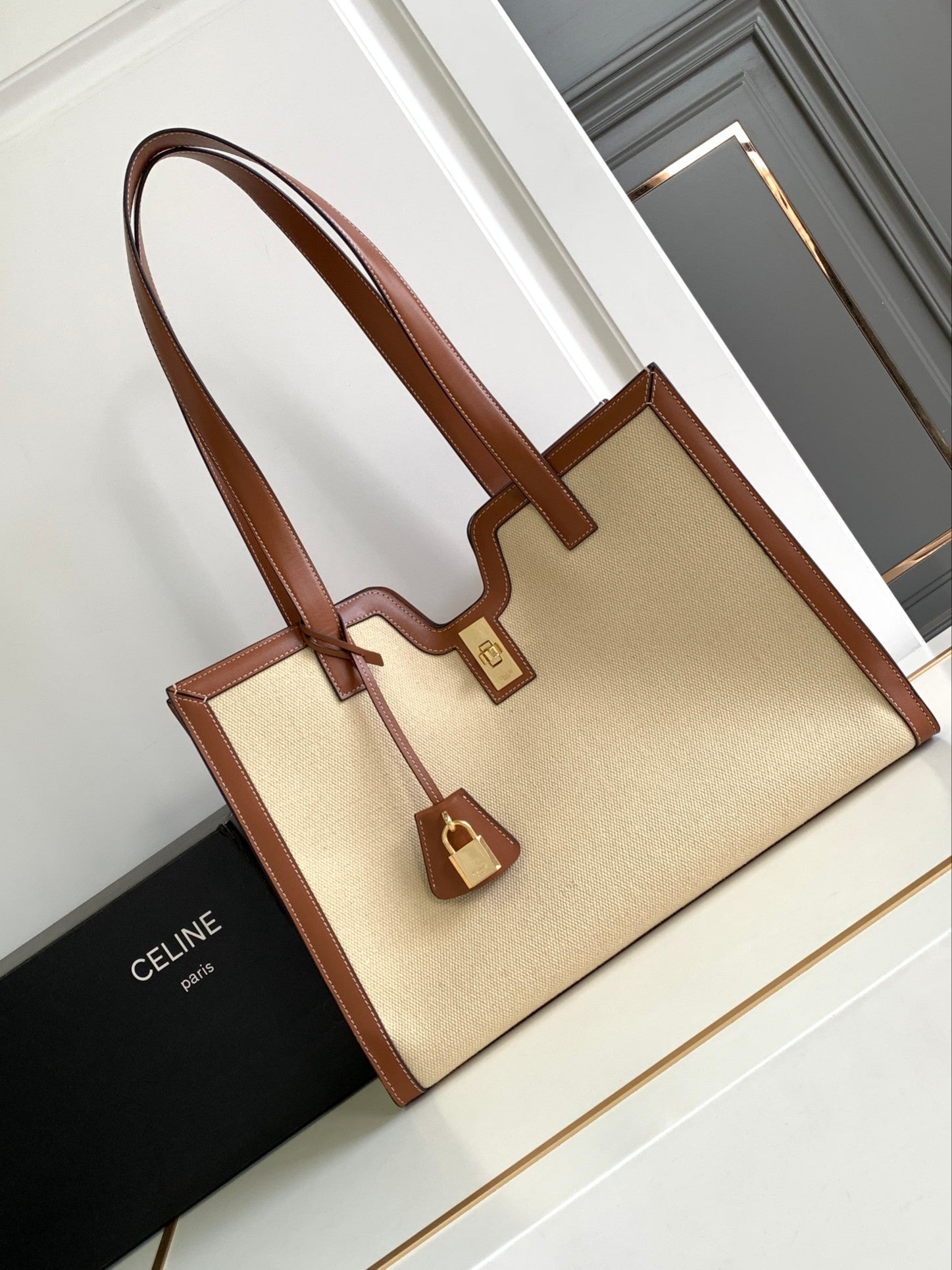 Celine Tote Bag - Natural Canvas & Tan Calfskin Leather