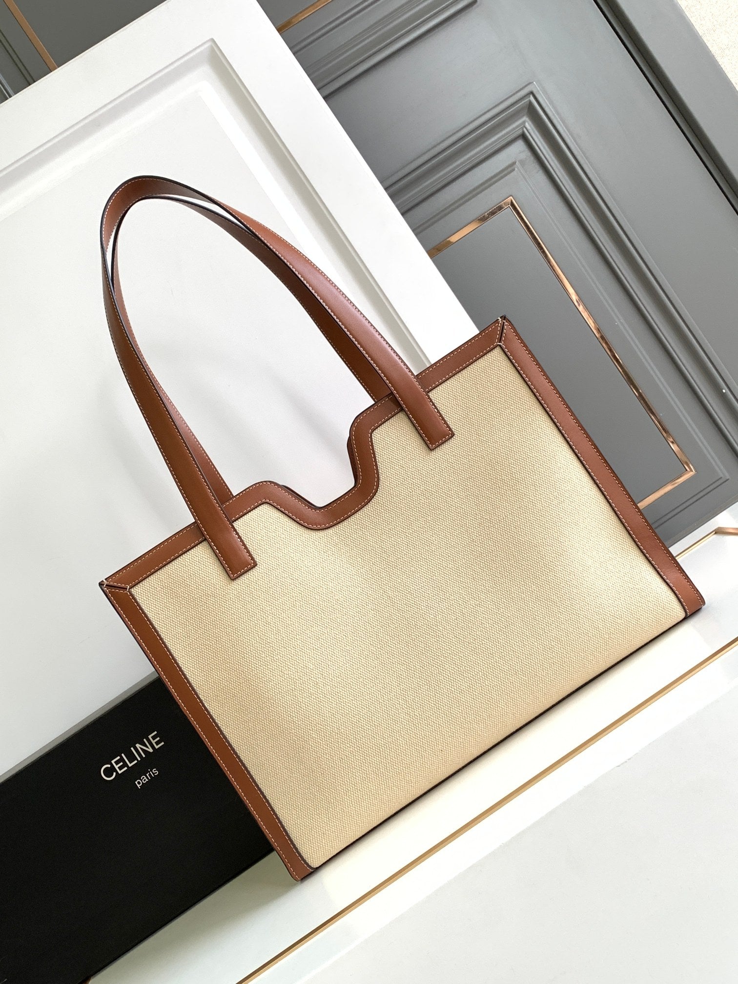 Celine Tote Bag - Natural Canvas & Tan Calfskin Leather
