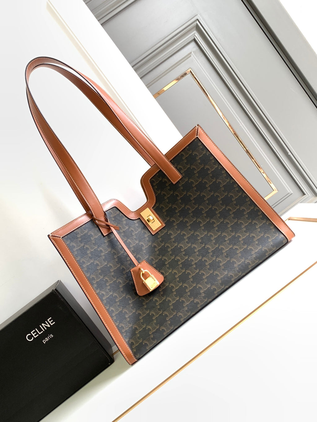 Celine Triomphe Tote Bag - Dark Monogram Canvas & Tan Leather