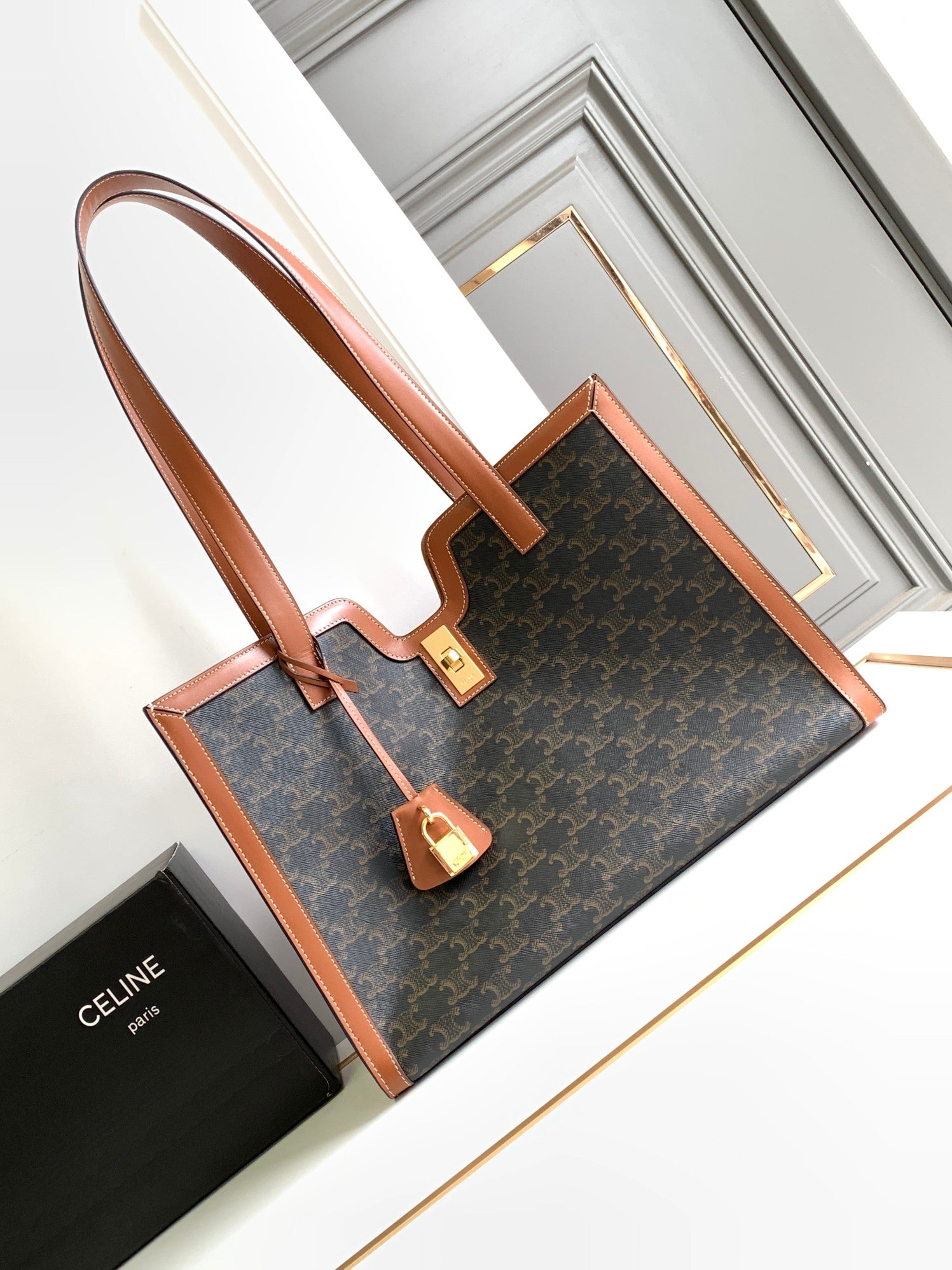 Celine Triomphe Tote Bag - Dark Monogram Canvas & Tan Leather