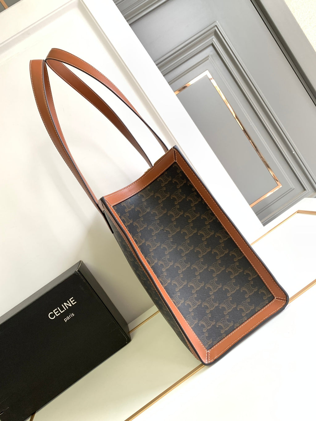 Celine Triomphe Tote Bag - Dark Monogram Canvas & Tan Leather
