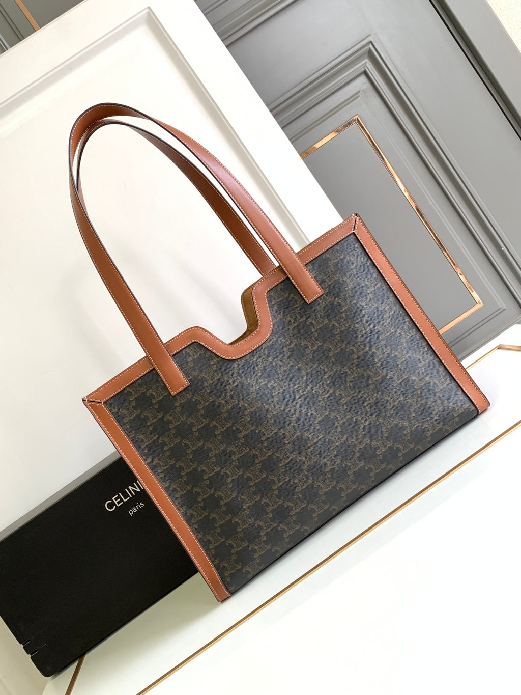Celine Triomphe Tote Bag - Dark Monogram Canvas & Tan Leather