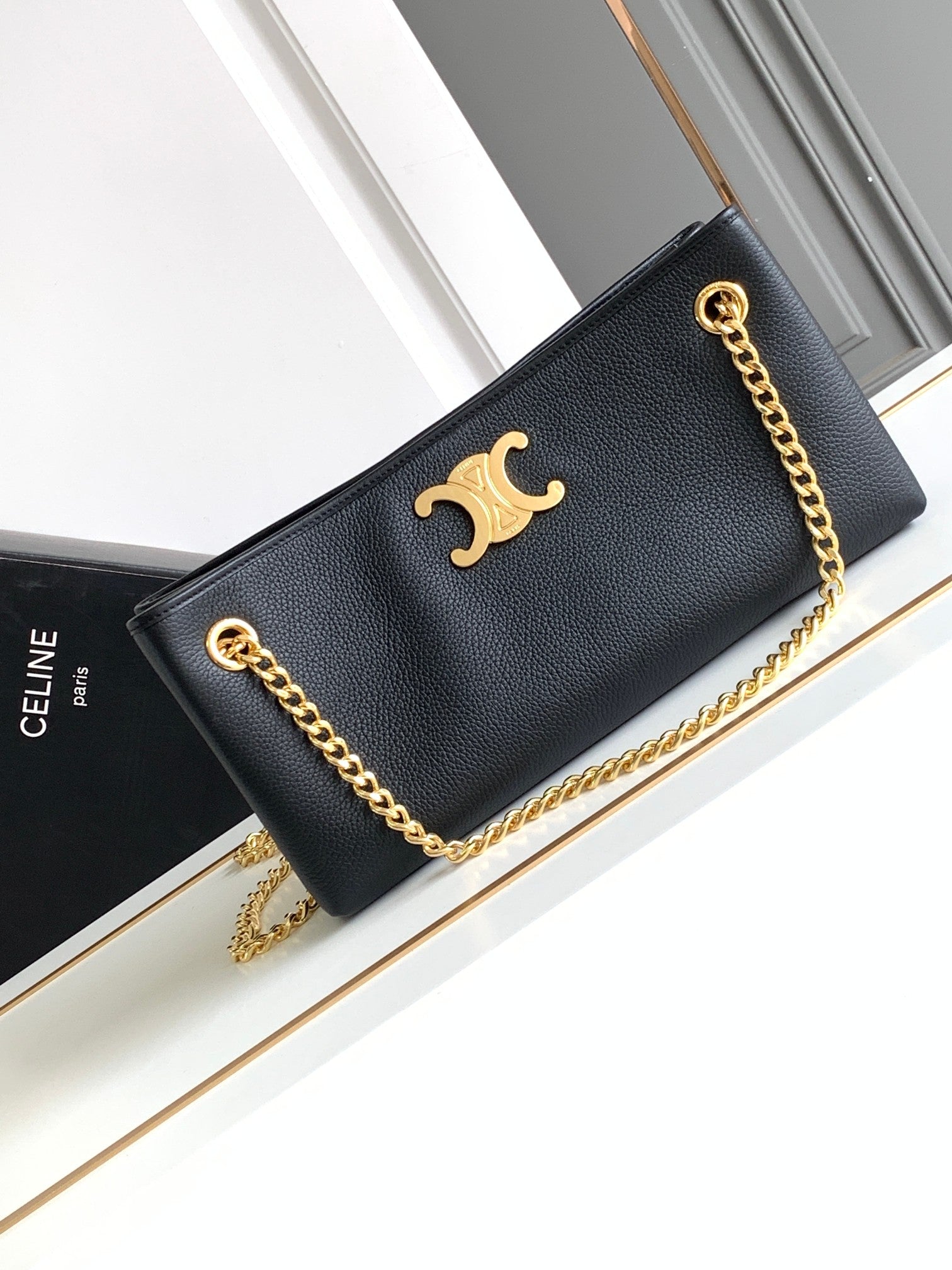 Celine Triomphe Clutch Bag - Black Calfskin Leather with Chain