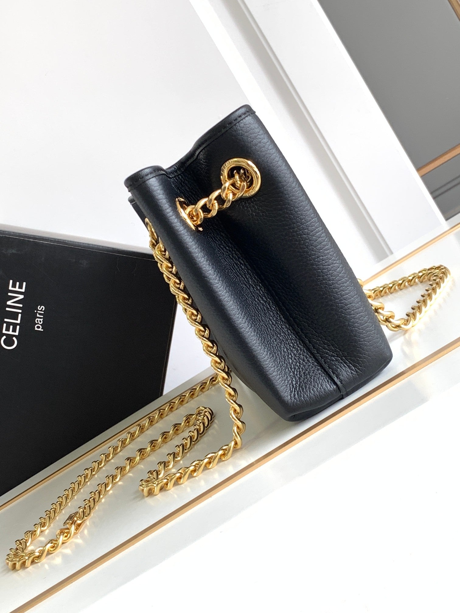 Celine Triomphe Clutch Bag - Black Calfskin Leather with Chain