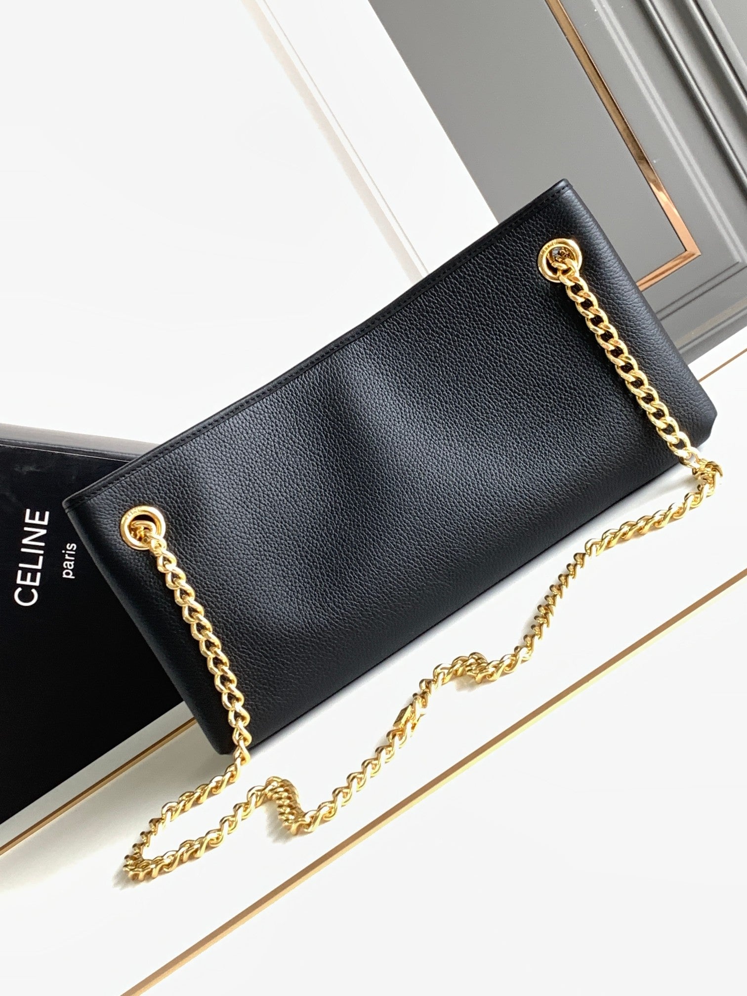 Celine Triomphe Clutch Bag - Black Calfskin Leather with Chain