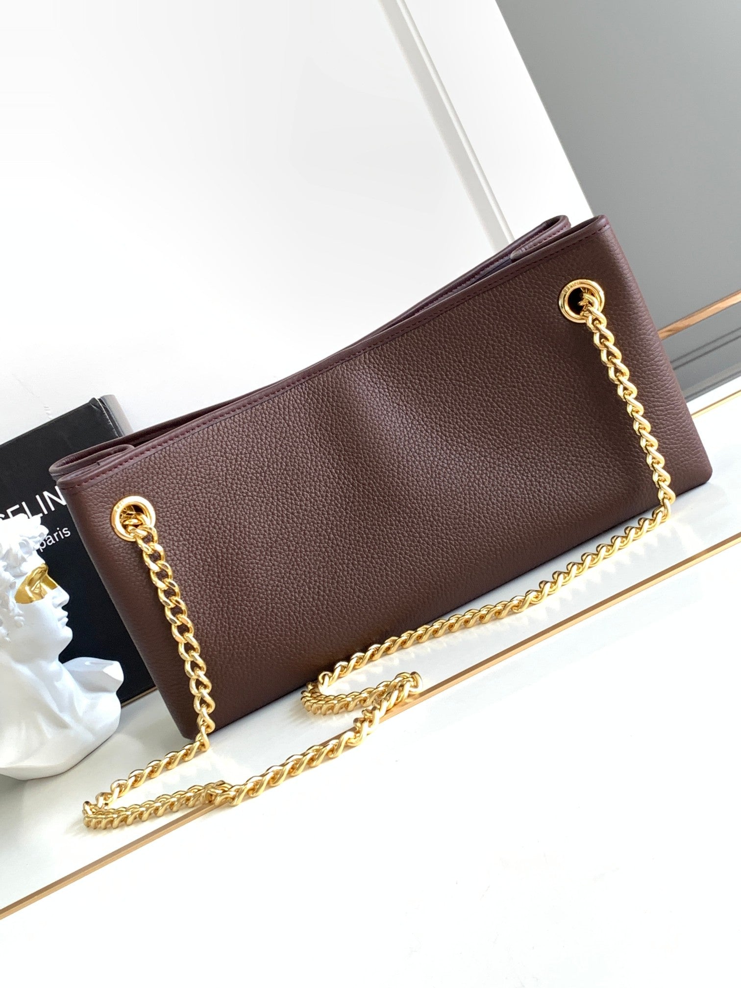 Celine Triomphe Clutch Bag - Burgundy Calfskin Leather with Chain