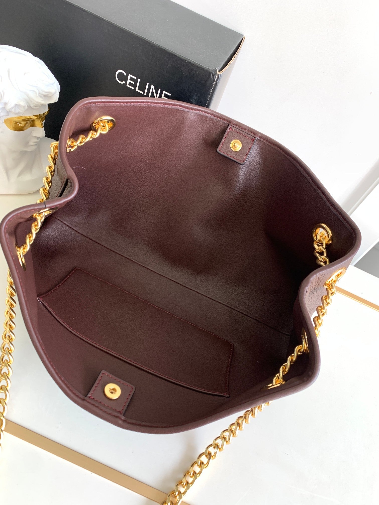 Celine Triomphe Clutch Bag - Burgundy Calfskin Leather with Chain