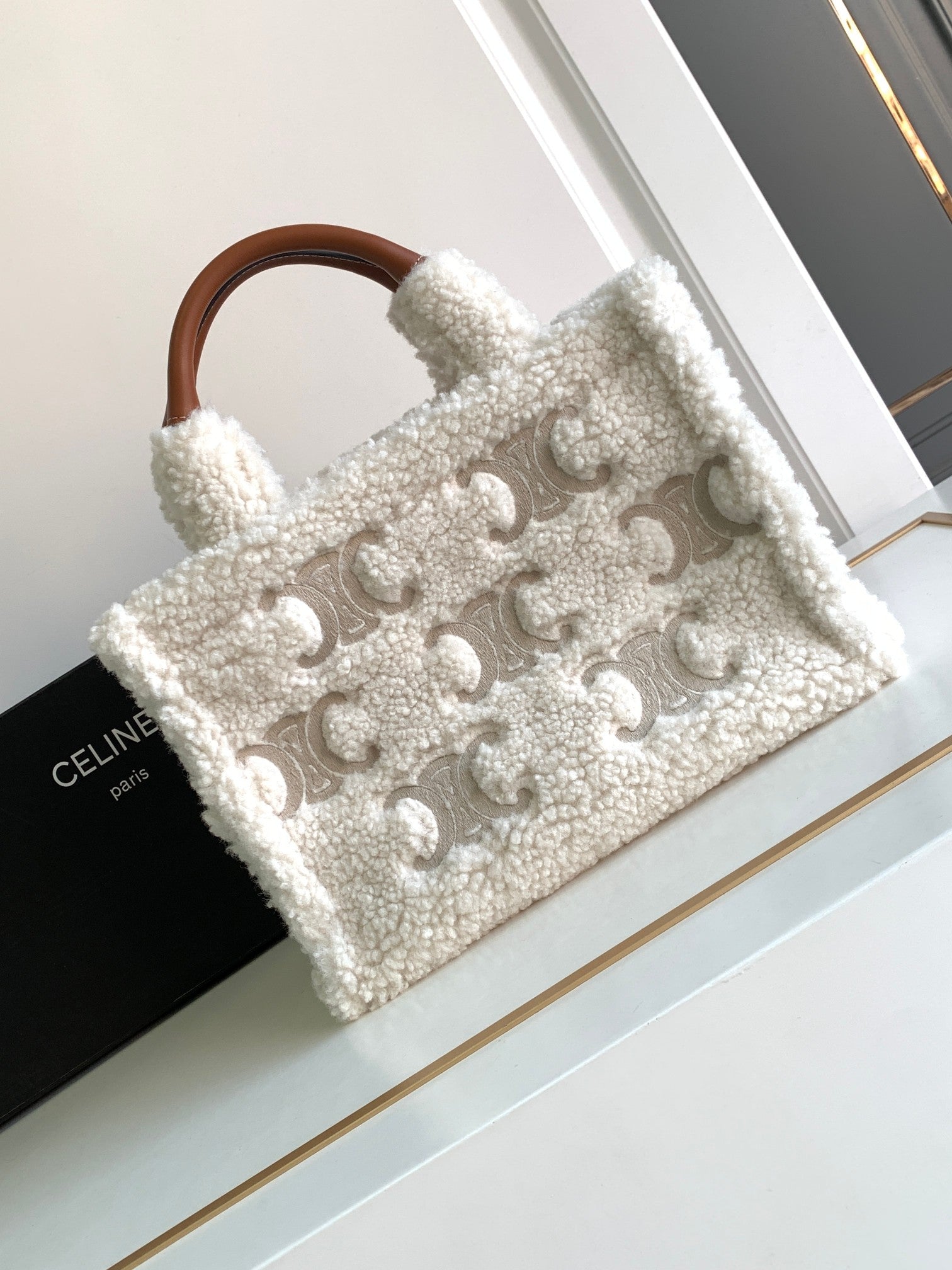 Celine Triomphe Tote Bag - White Shearling & Tan Leather