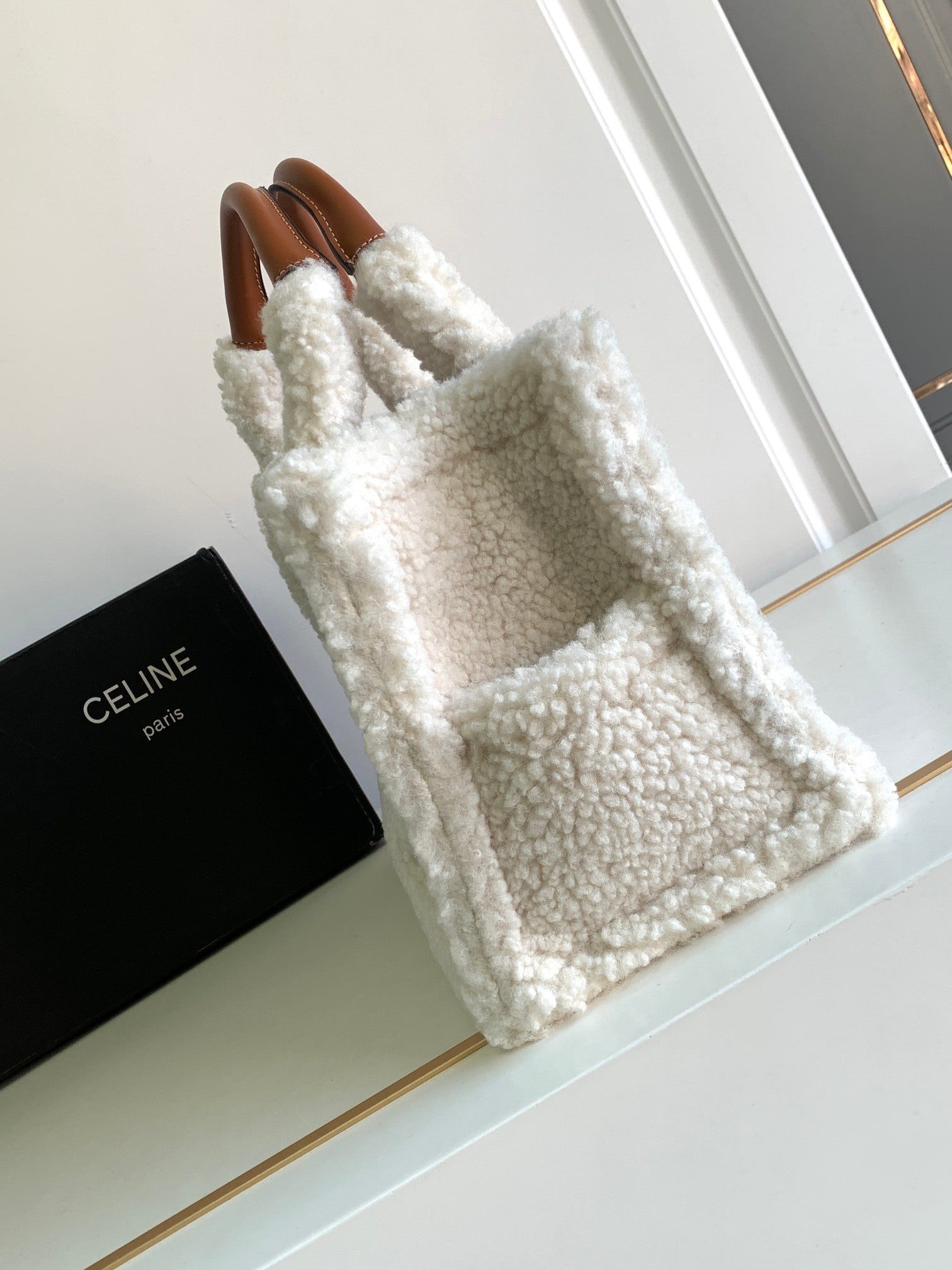 Celine Triomphe Tote Bag - White Shearling & Tan Leather