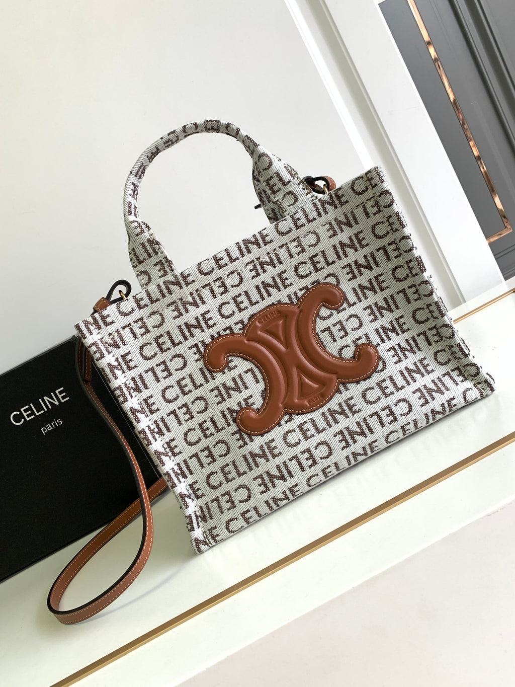 Celine Triomphe Tote Bag - Jacquard Logo Canvas & Tan Leather