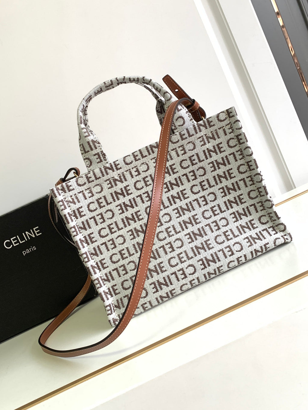 Celine Triomphe Tote Bag - Jacquard Logo Canvas & Tan Leather