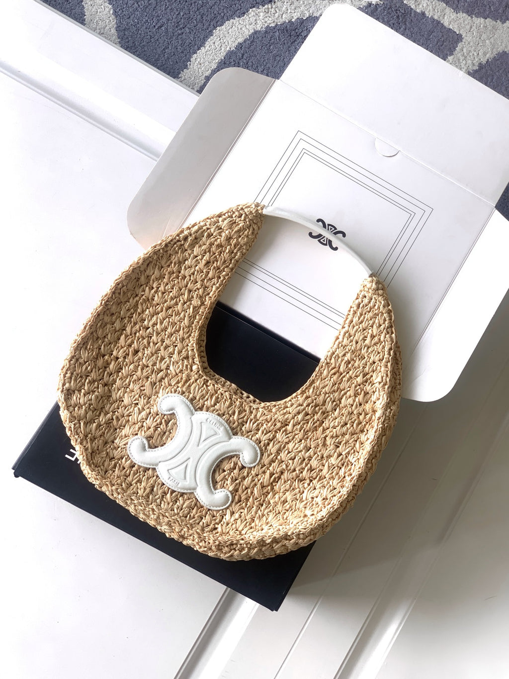 Celine Triomphe Hobo Bag - Natural Woven Straw & White Leather