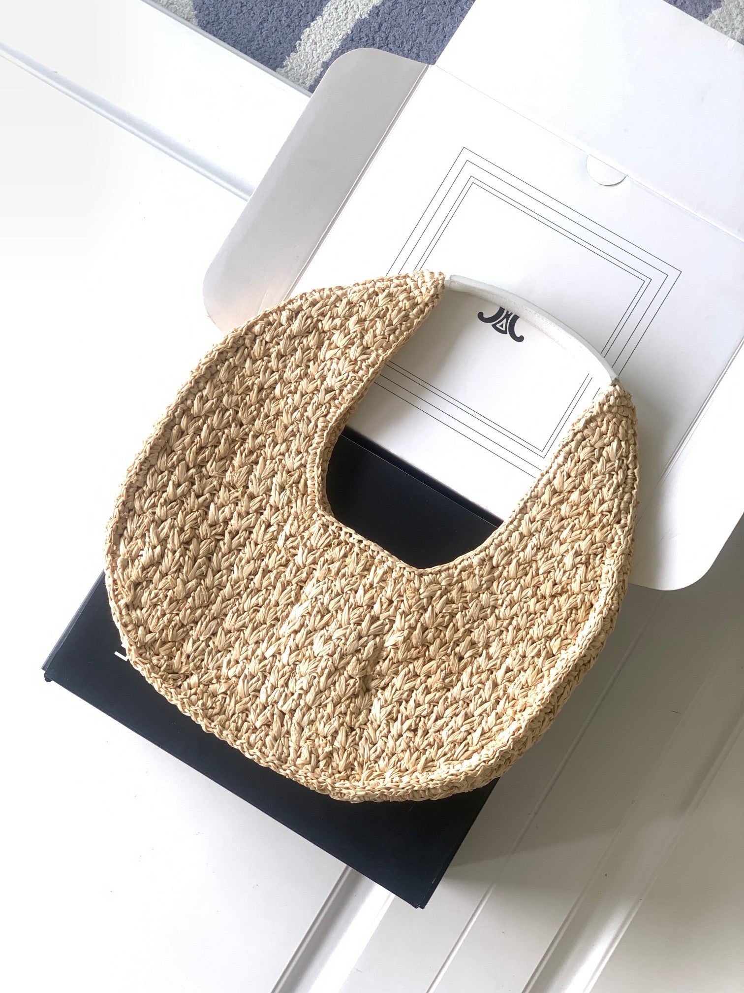 Celine Triomphe Hobo Bag - Natural Woven Straw & White Leather