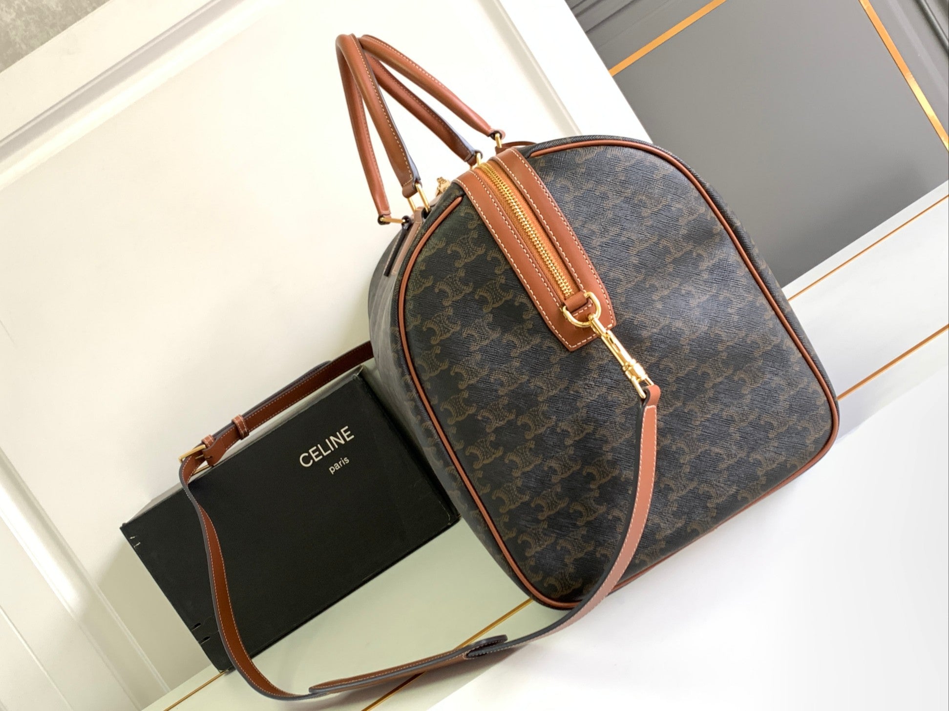 Celine Triomphe Travel Bag - Khaki Monogram Canvas & Tan Leather