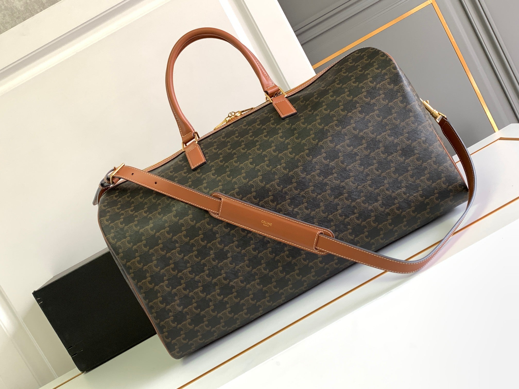 Celine Triomphe Travel Bag - Khaki Monogram Canvas & Tan Leather