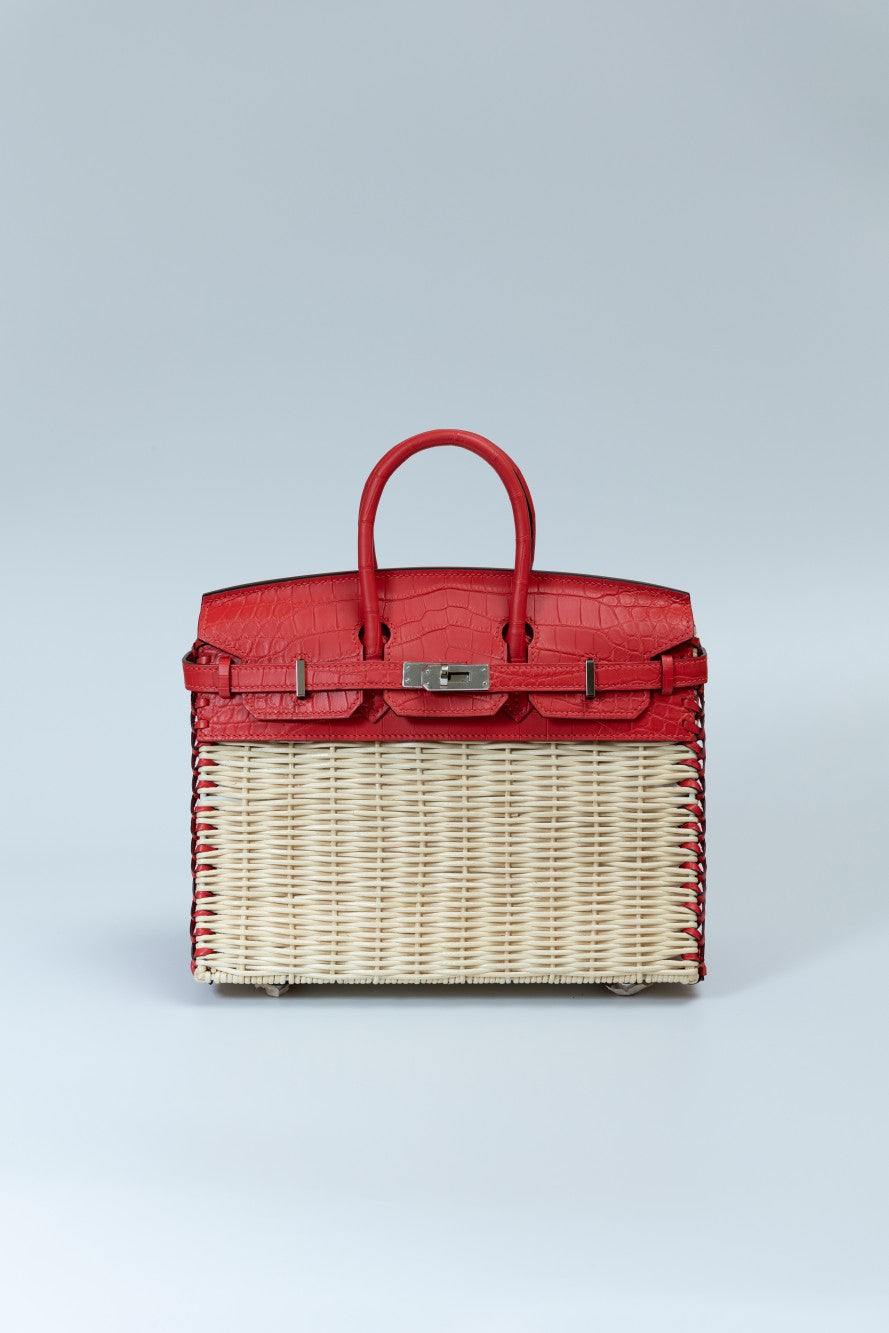 Hermès Rouge Vif Picnic Birkin 25 Wicker Crocodile Palladium Hardware