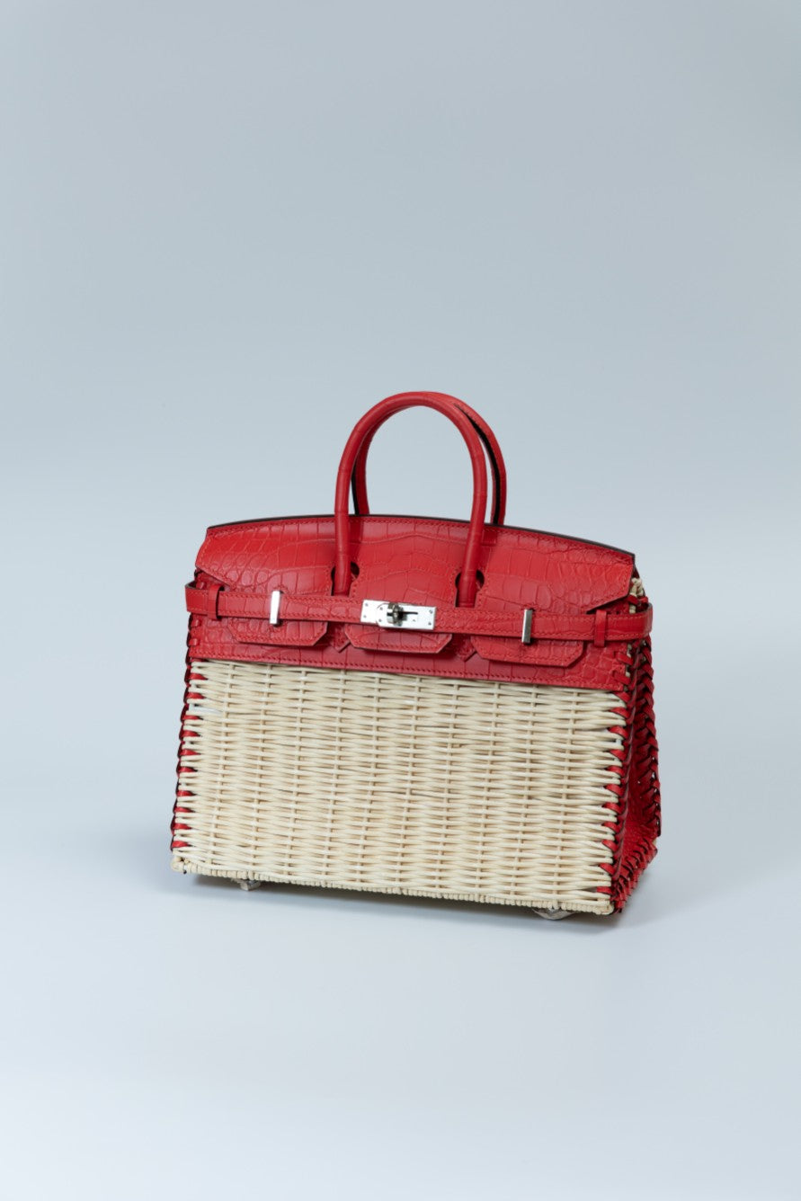 Hermès Rouge Vif Picnic Birkin 25 Wicker Crocodile Palladium Hardware
