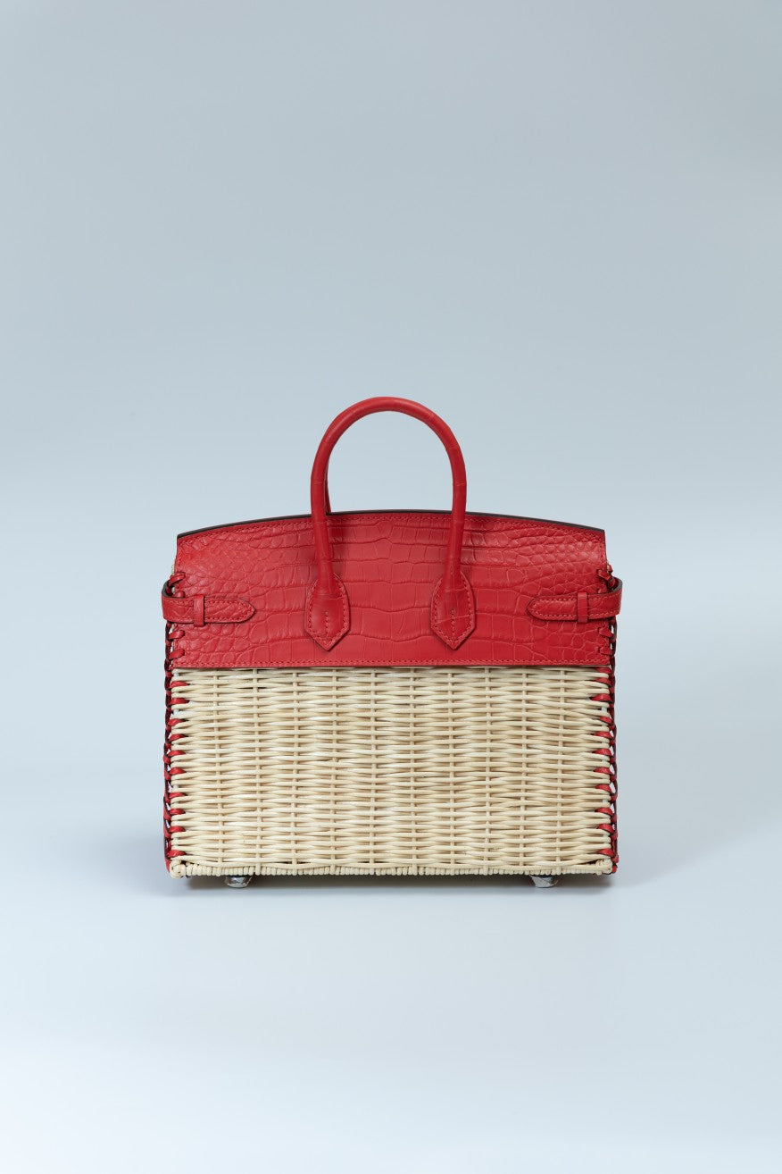 Hermès Rouge Vif Picnic Birkin 25 Wicker Crocodile Palladium Hardware