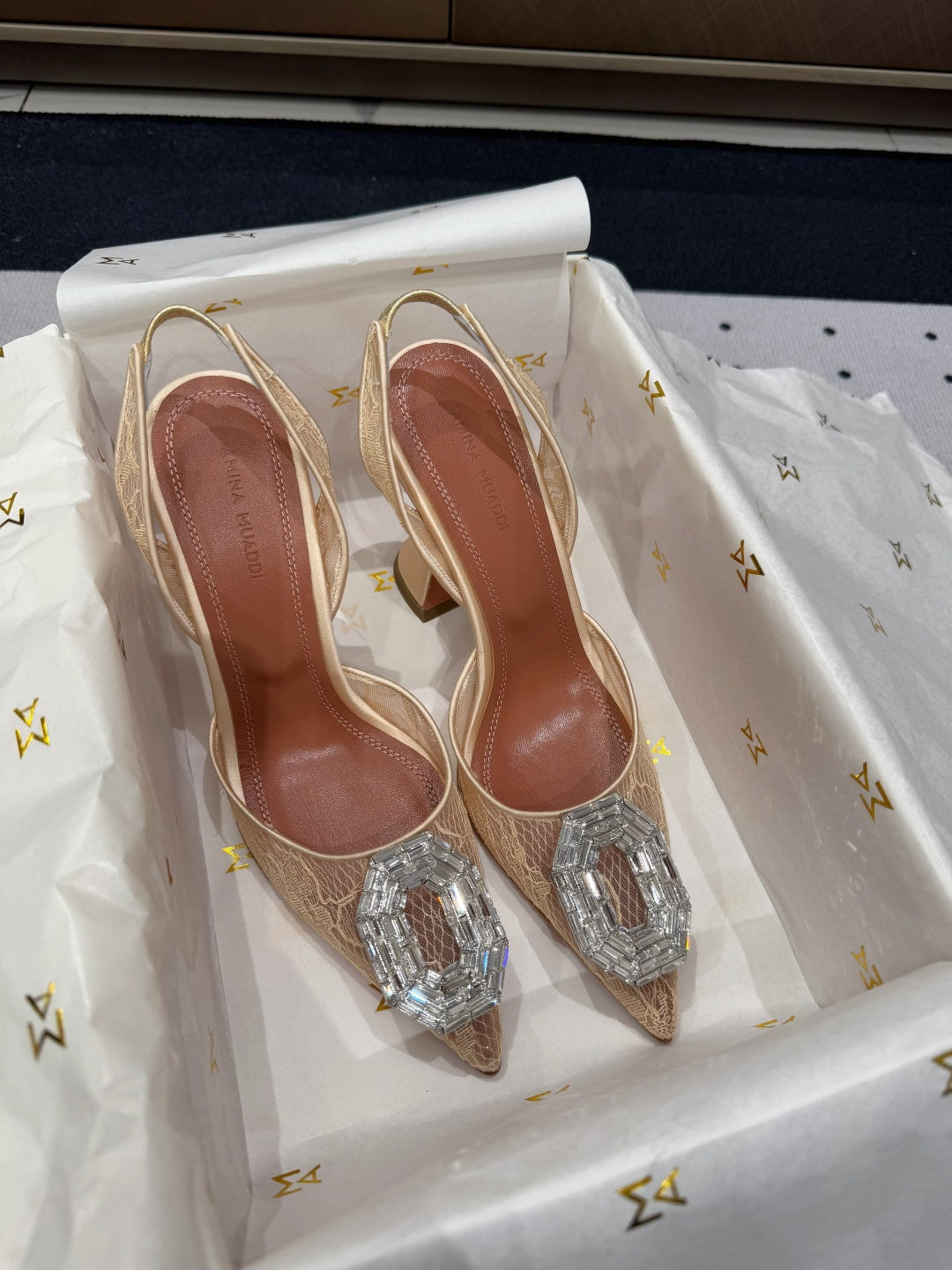 Crystal Brooch Lace Slingback Heels