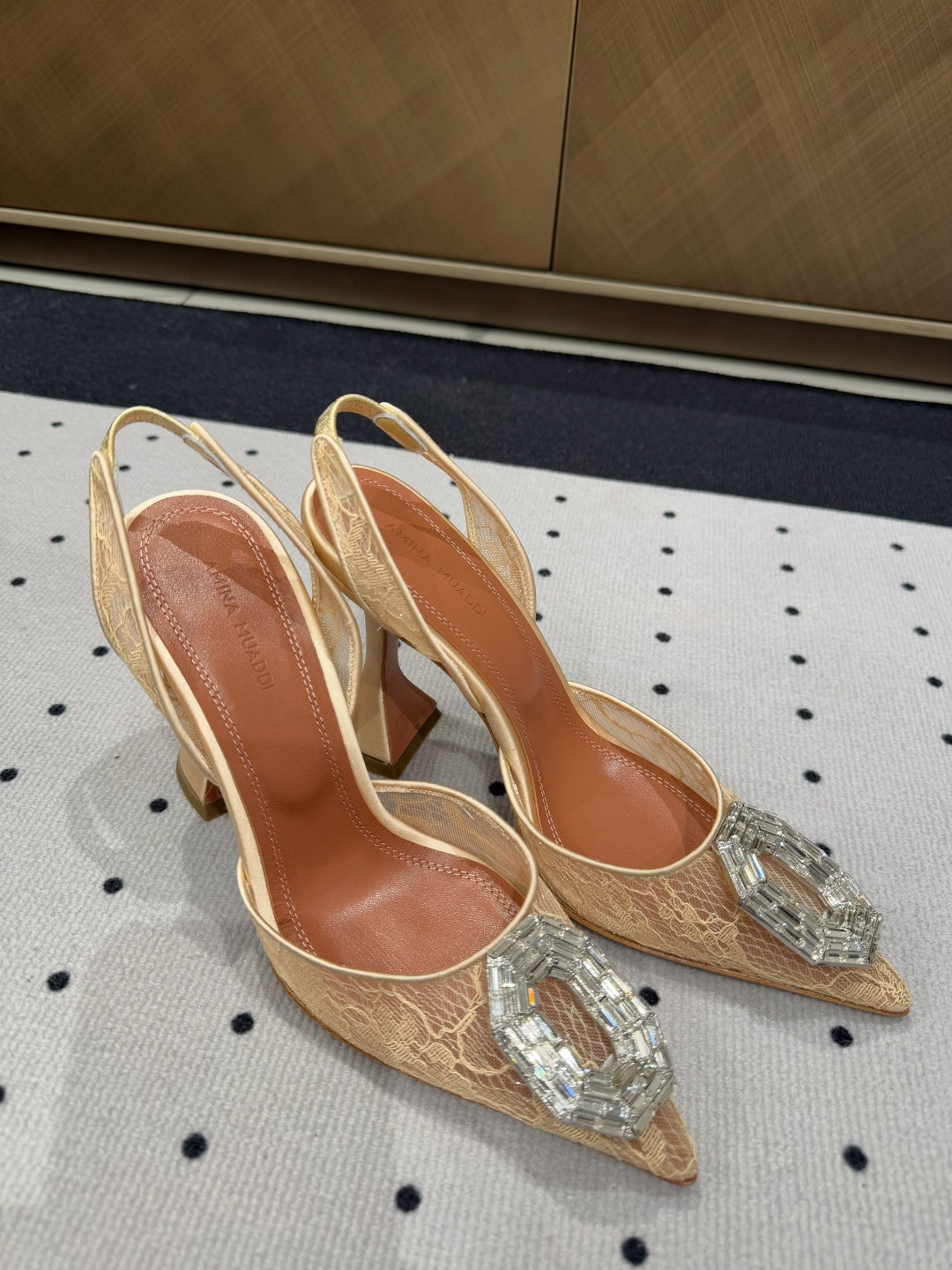 Crystal Brooch Lace Slingback Heels