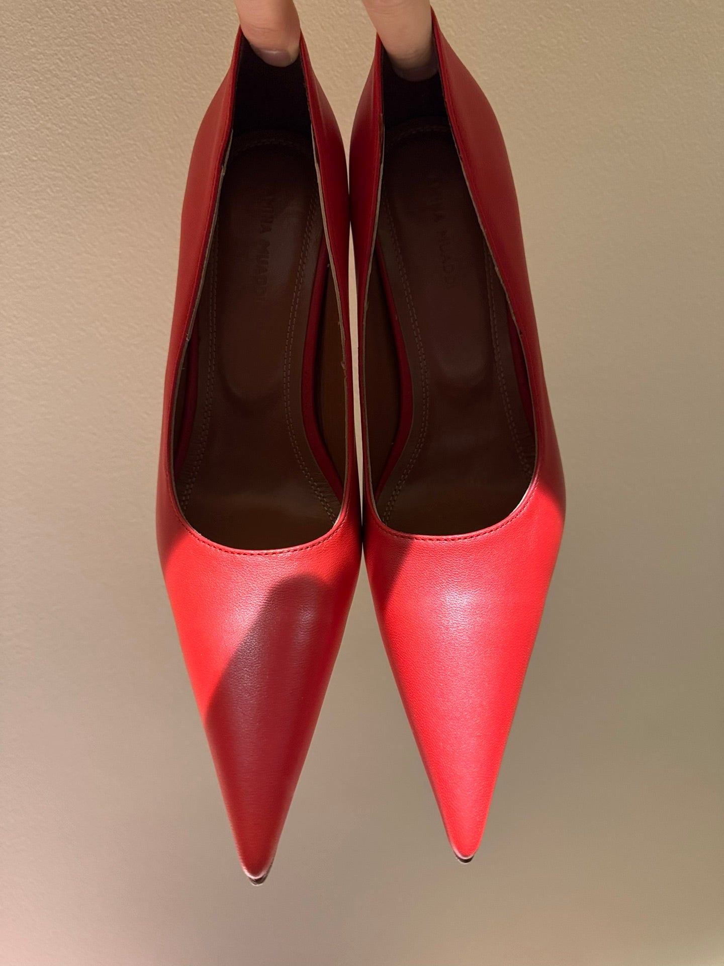 Coral Red Leather Pointed Toe Pumps