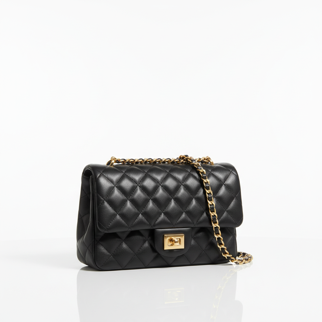 Classic black quilted leather bag with gold chain