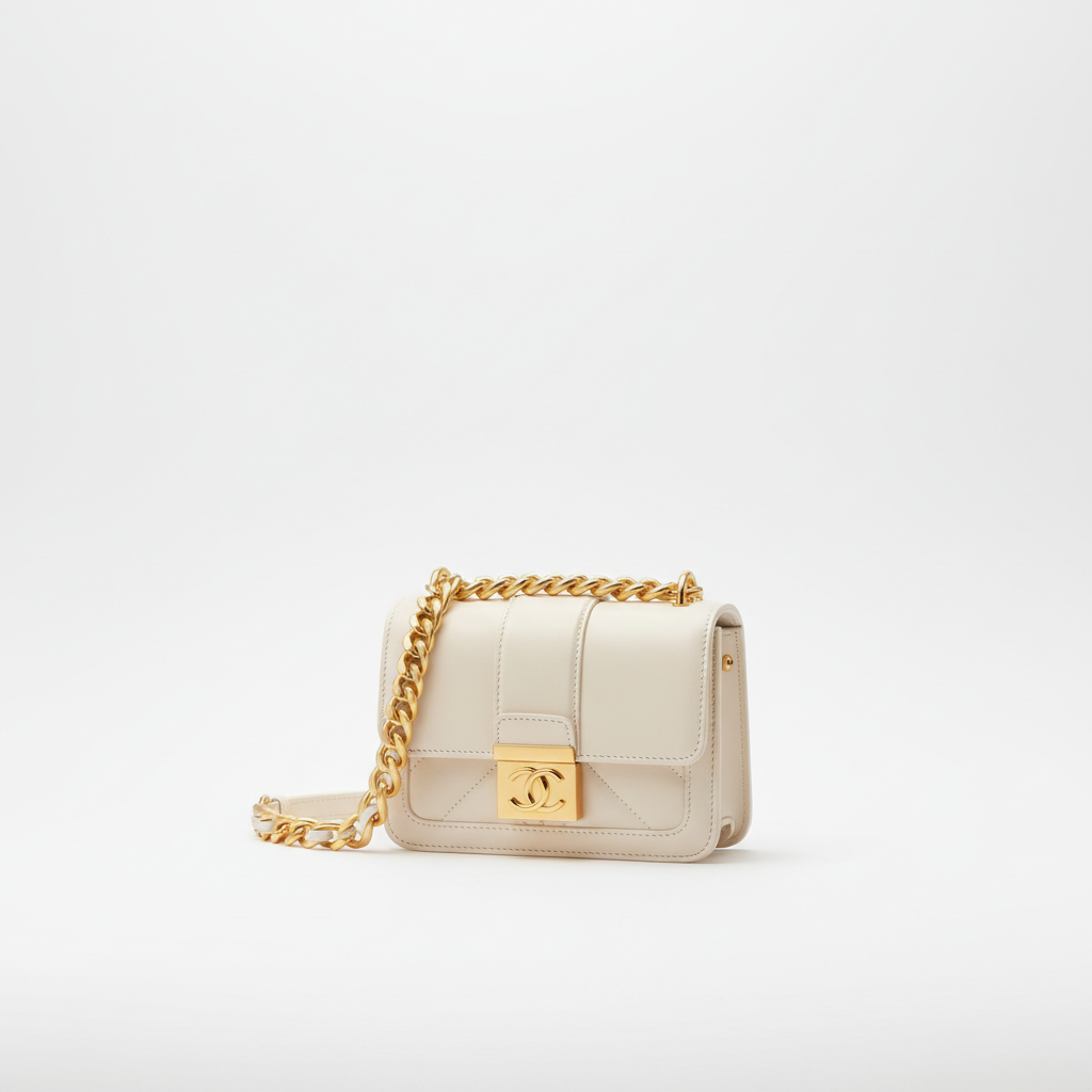 Cream leather crossbody bag with gold chain