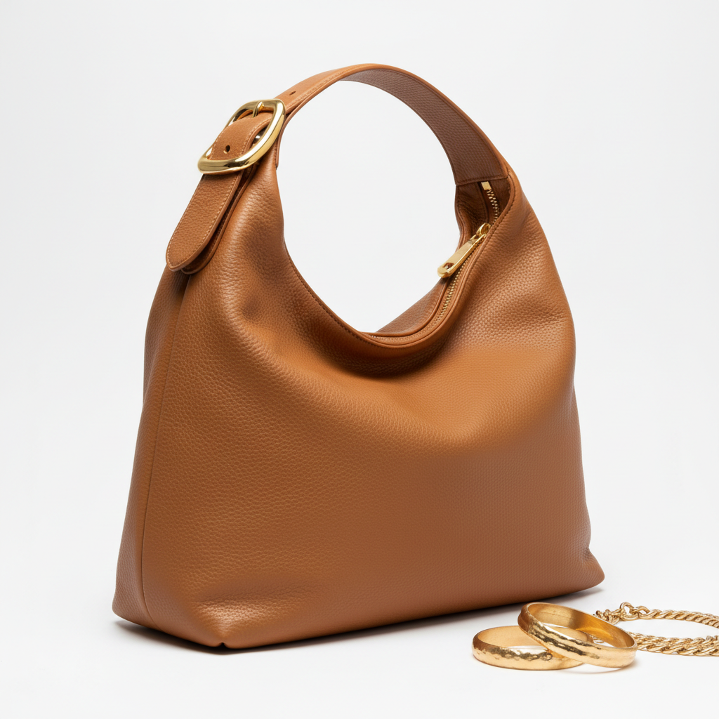 Camel brown leather hobo bag with gold hardware