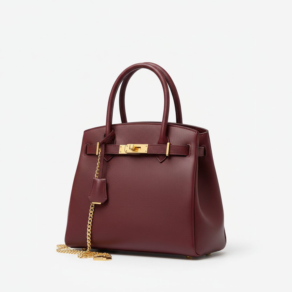 Burgundy leather structured tote bag with gold hardware